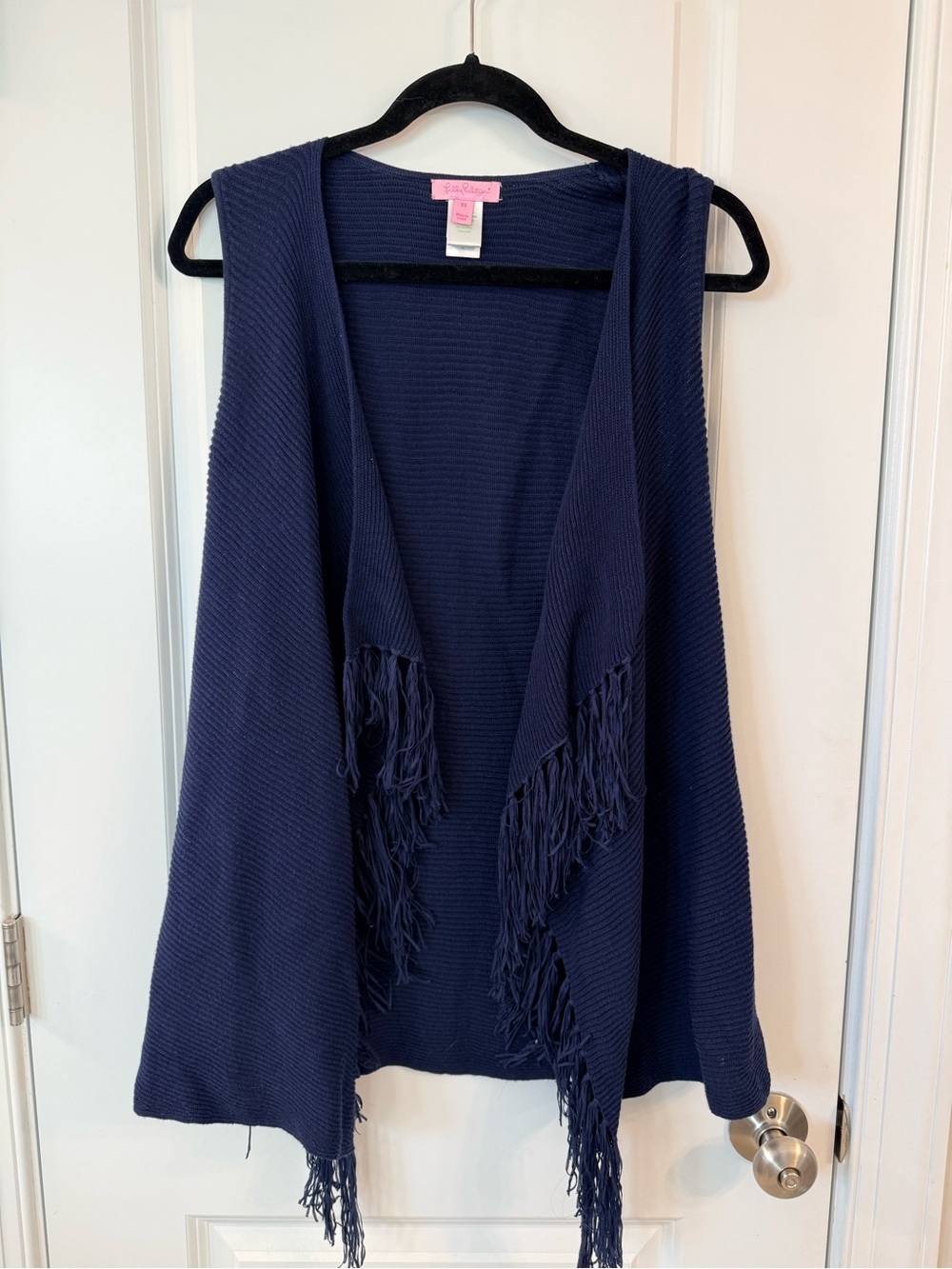 Lilly Pulitzer Navy Blue Fringe Open Front Knit Vest XS - Picture 3 of 6